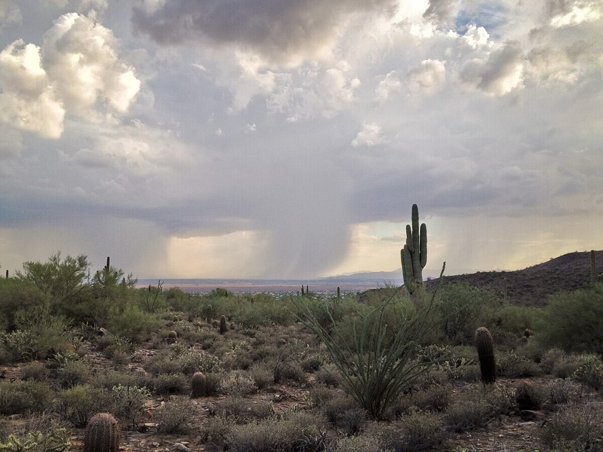 Monsoon rain falling over the valley under a dark sky.